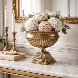 Vintage Brass Pedestal Urn Bowl Hollywood Regency Fluted Centerpiece